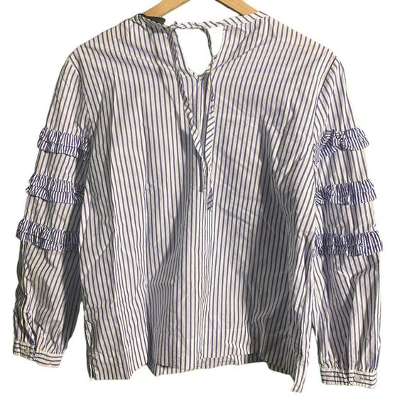 J.Crew Tiered Top in Mixed Stripes Brunswick Blue Ruffle Sleeves Size 6 G7012 - Picture 3 of 6